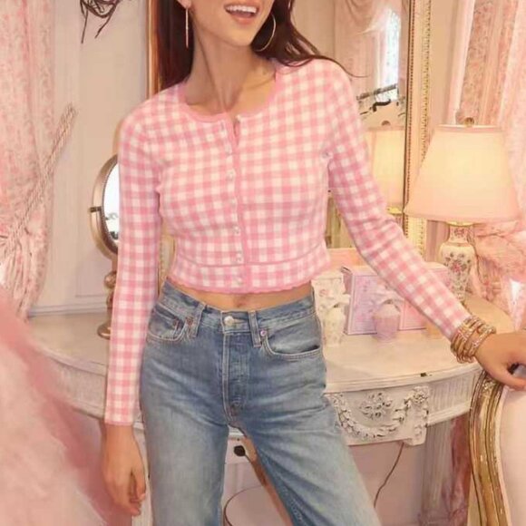 NWT LoveShackFancy Bridgette Checkered Knit Cardigan XSmall Pink Pearl Plaid - Picture 4 of 11